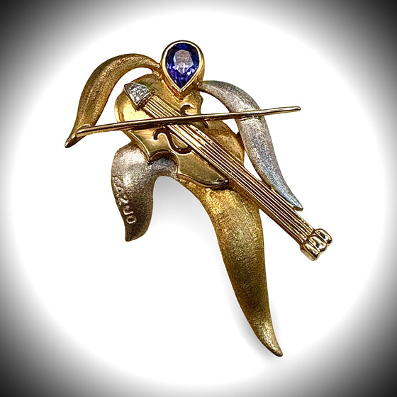 Designer Kazuo Ogana Diamond and Tanzanite Platinum and 18kt Yellow Gold Violin Pendant/Brooch