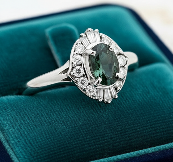 Natural Color Change Alexandrite and Diamond Platinum Ring