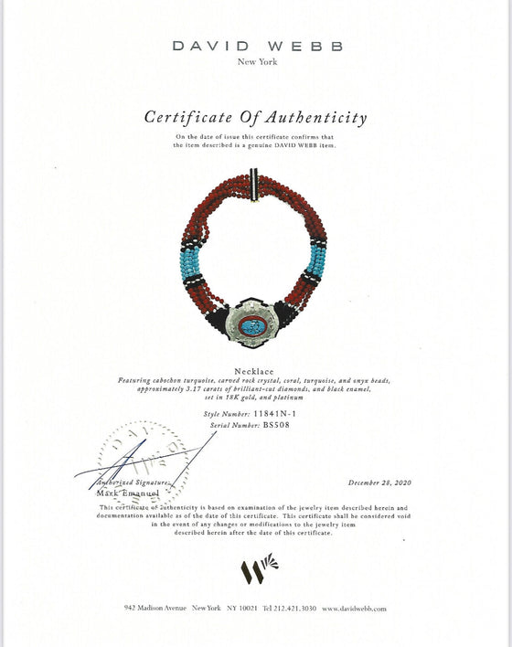 NYC Designer David Webb Diamond, Coral, Onyx, Turquoise, Rock Crystal Platinum, 18K Yellow Gold Necklace