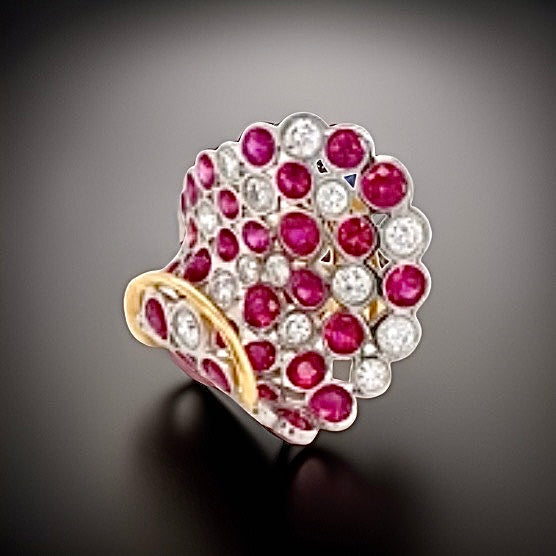Italian Designer Ruby, Diamond and 18K White and Yellow Gold Ring