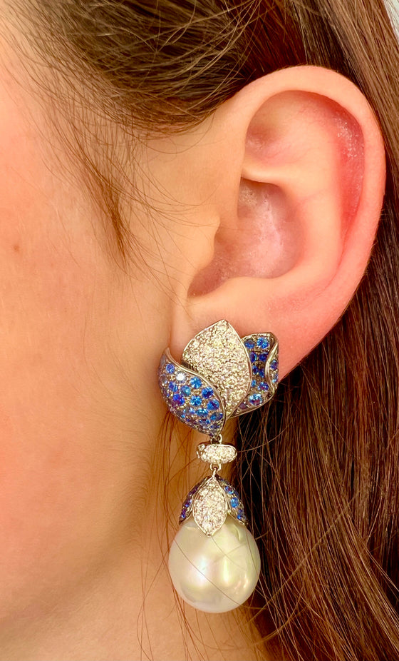 15.76-15.88mm South Sea Pearl, Diamond, Sapphire and 18K White Gold Dangle Earrings