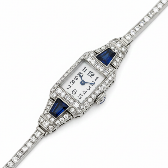 Art Deco Diamond and Burma Sapphire Platinum Watch