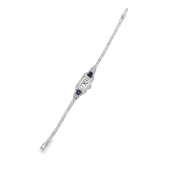 Art Deco Diamond and Burma Sapphire Platinum Watch