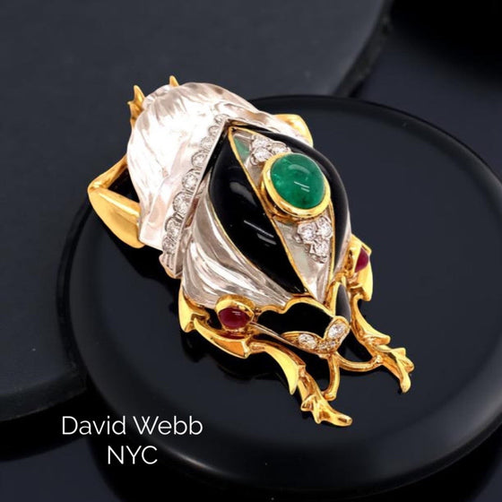 David Webb Rock Crystal, Diamond, Emerald, Ruby and Onyx Platinum and 18K Yellow Gold Beetle Brooch
