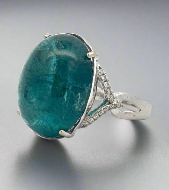 Large Oval Cabochon Tourmaline Diamond 18kt White Gold Statement Ring