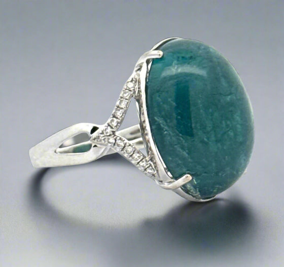 Large Oval Cabochon Tourmaline Diamond 18kt White Gold Statement Ring