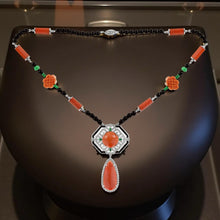  Coral Diamond Onyx Emerald 18k White Gold Necklace