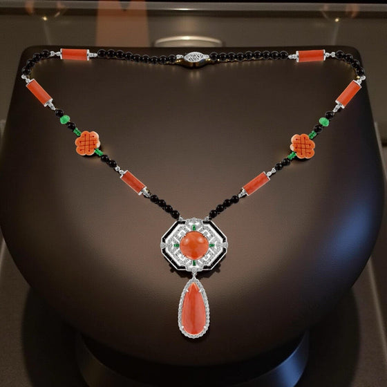 Coral Diamond Onyx Emerald 18k White Gold Necklace