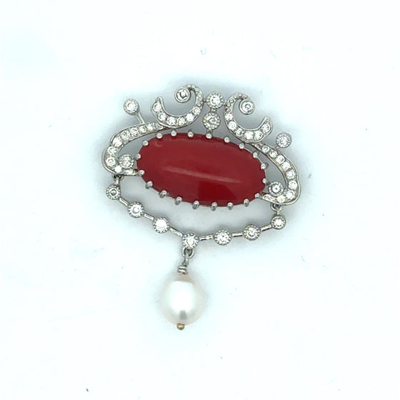 Coral and Diamond Platinum Pendant
