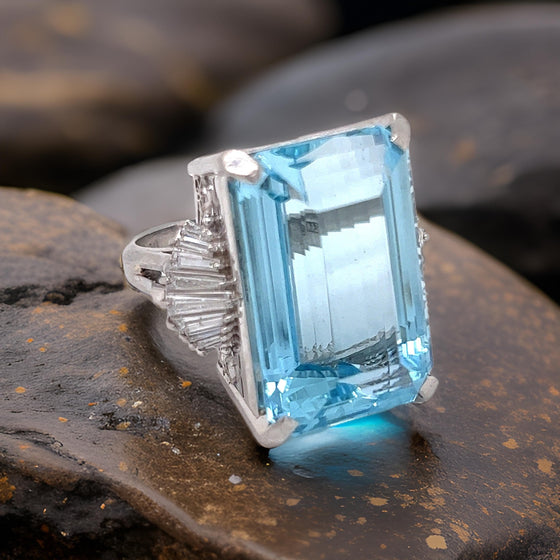 Emerald Cut Aquamarine and Diamond Platinum Ring