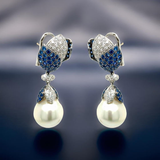 15.76-15.88mm South Sea Pearl, Diamond, Sapphire and 18K White Gold Dangle Earrings