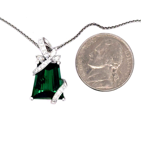 California Estate Fancy Cut Green Tourmaline 7.27 ct Diamond Platinum Necklace 15613