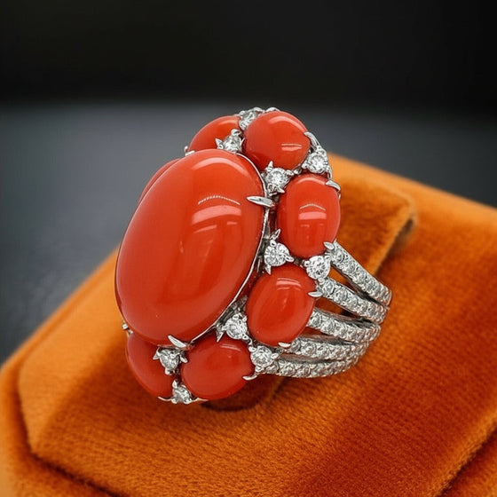Coral and Diamond 18K White Gold Ring