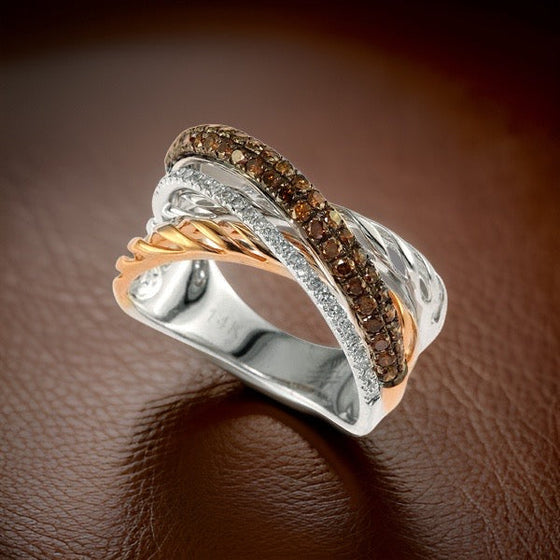 Effy Brown and White Diamond and 14K White and Rose Gold Interlock Ring