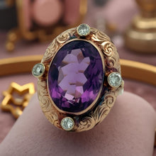  Estate 11.96 ct Oval Amethyst and Diamond 14K Yellow Gold Ring 15661