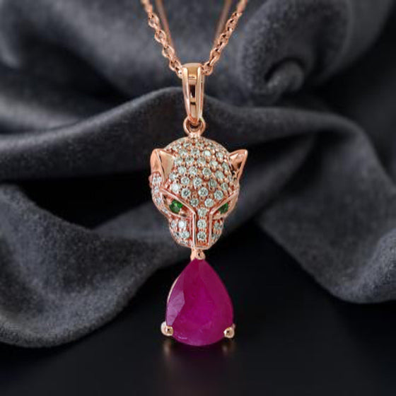 Effy Ruby, Diamond and Tsavorite Panther Pendant and 14K Rose Gold Necklace