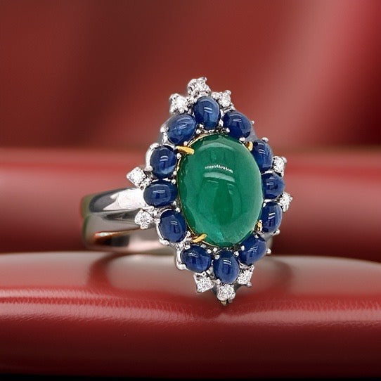 Emerald, Sapphire and Diamond 18K White Gold Ring