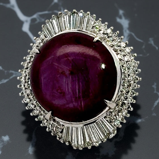 Estate 46.89 ct Star Ruby 3.25 cttw Diamond Platinum Ring 14991