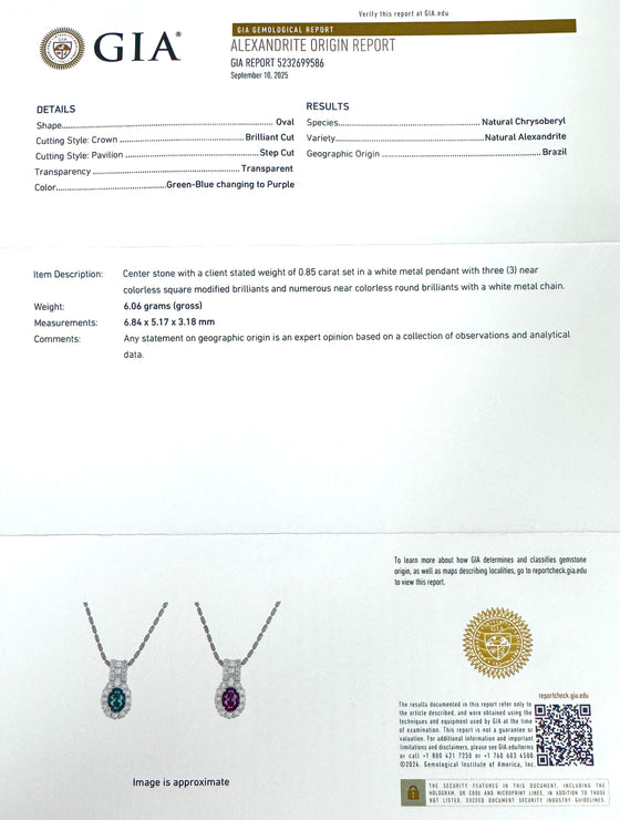 Natural Color Change Alexandrite (Brazil) and Diamond Platinum/18K White Gold Necklace (GIA)