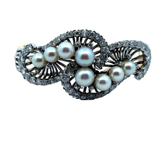 1960's Cultured Pearl Diamond 14K White and Yellow Gold Bangle