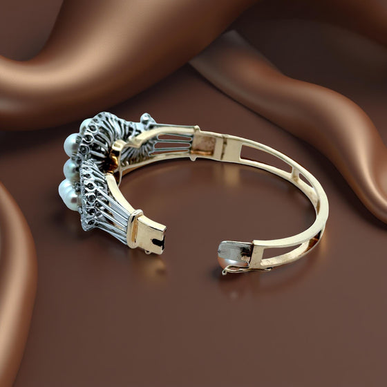 1960's Cultured Pearl Diamond 14K White and Yellow Gold Bangle