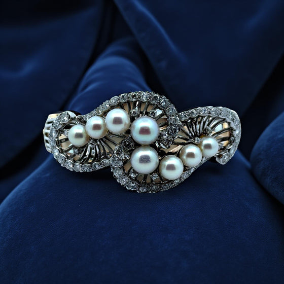 1960's Cultured Pearl Diamond 14K White and Yellow Gold Bangle