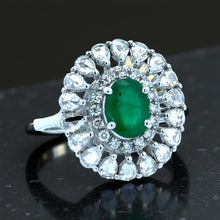  Emerald, Rose Cut Diamond 18K White Gold Ring