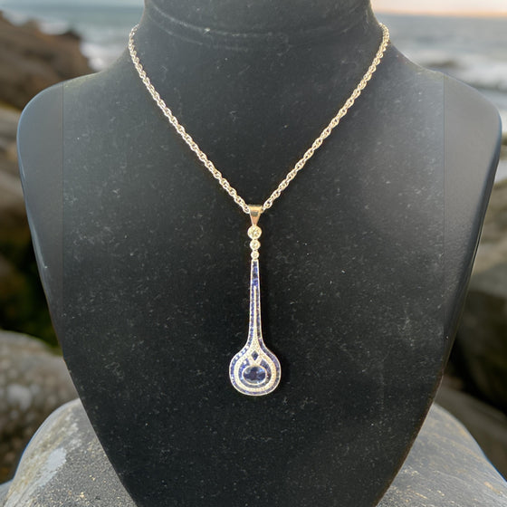 French Cut Sapphire and Diamond 18K White Gold Pendant