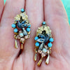 Victorian Revival Turquoise, Cultured Pearl 14K Yellow/Rose Gold and Pewter Pendant, Brooch and Earring Set