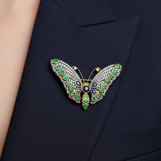 Estate Sapphire Emerald Diamond 14K Yellow Gold Silver Top Butterfly Brooch/Pendant 15337