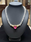 Rubellite, Emerald and Diamond Carved Rock Crystal 18K Yellow Gold Necklace.