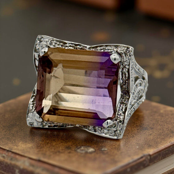 Emerald Cut Ametrine, Diamond and 18K White Gold Statement Ring