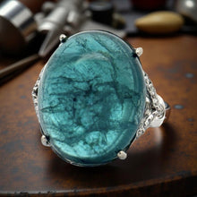  Large Oval Cabochon Tourmaline Diamond 18kt White Gold Statement Ring