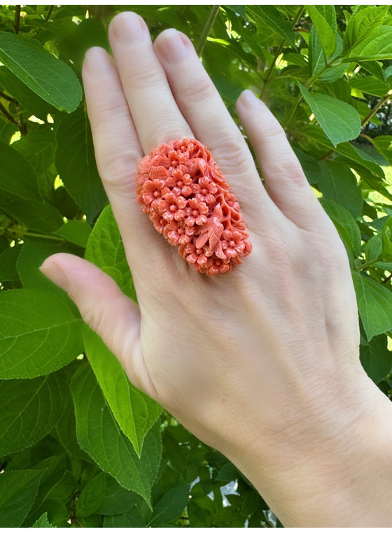Natural Carved Coral and 14K Yellow Gold Italian Ring