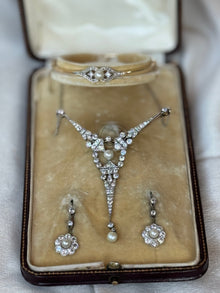  Art Deco Set Diamond and Pearl Bangle, Necklace, Earring, Brooch