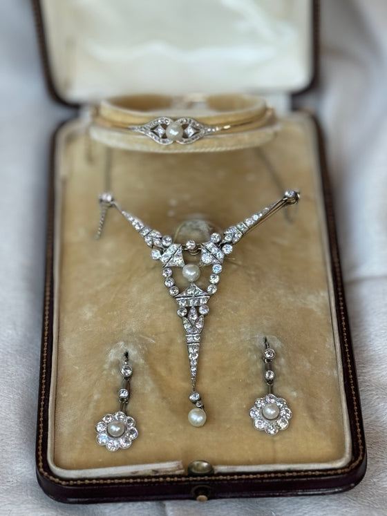 Art Deco Set Diamond and Pearl Bangle, Necklace, Earring, Brooch
