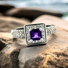  Amethyst, Diamond, and 14K White Gold Ring