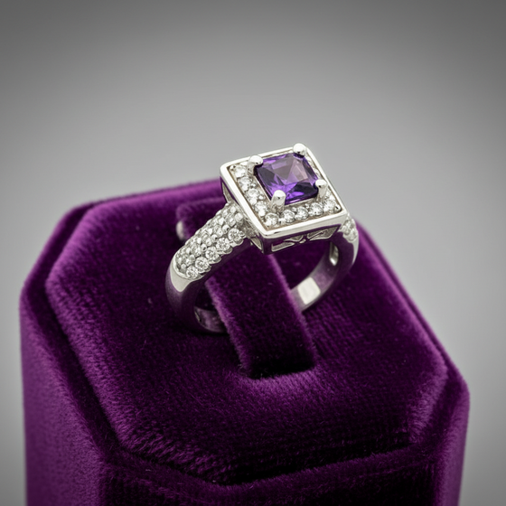Amethyst, Diamond, and 14K White Gold Ring
