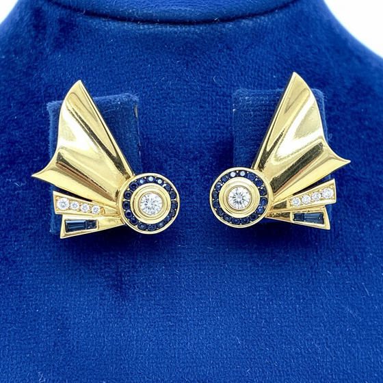 French Designer Retro Diamond and Sapphire Earrings