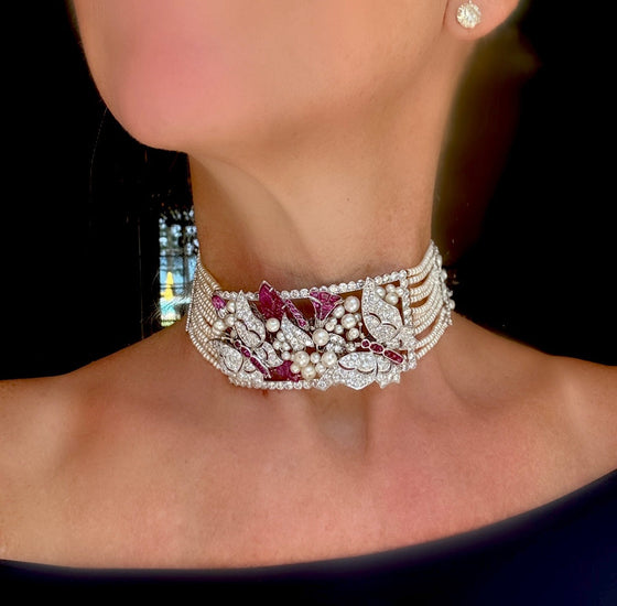 Estate Of Hollywood Actress Connie Stevens Diamond Ruby and Pearl Multi Row 18K White Gold Necklace