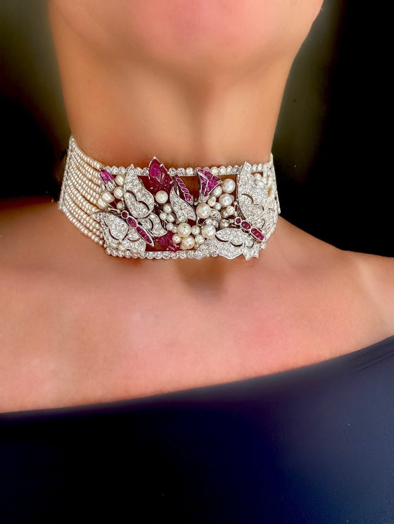 Estate Of Hollywood Actress Connie Stevens Diamond Ruby and Pearl Multi Row 18K White Gold Necklace