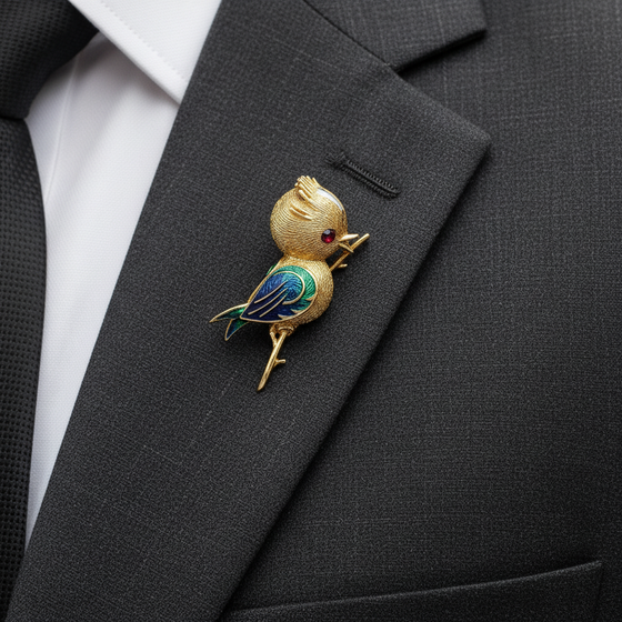 Osprey  "Crowned Bird On A Branch" garnet, green, red, black enamel 18K Yellow Gold Brooch/Pendant