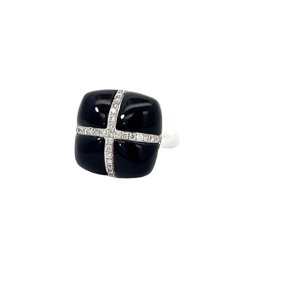 14K White Gold, Onyx and Diamond Size 7 Ring