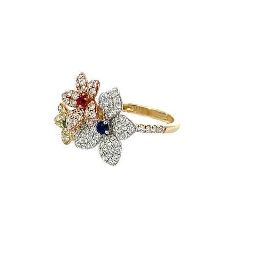 Emerald, Ruby, Sapphire and Diamond Flower Size 6.75 Ring