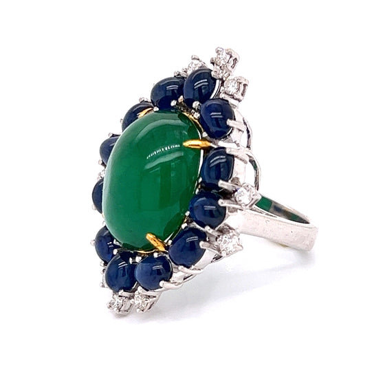 Emerald, Sapphire and Diamond 18K White Gold Ring