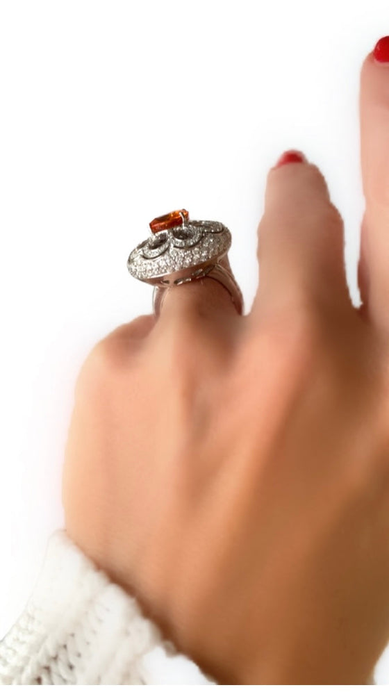 Zydo 5.10 ct Orange Sapphire and Diamond 18K White Gold Cocktail Ring
