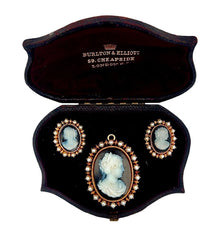  Estate Cultured Pearl Cameo 18K Yellow Gold Earrings Brooch Suite 15625