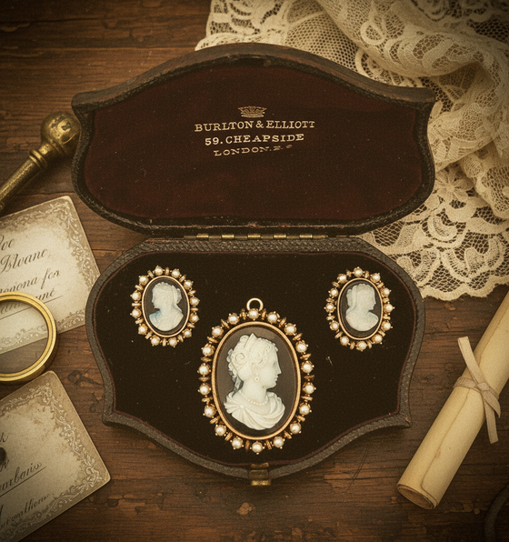 Estate Cultured Pearl Cameo 18K Yellow Gold Earrings Brooch Suite 15625