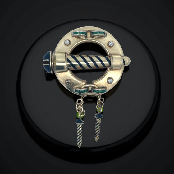 Italian Luxury Cruiser Diamond, Emerald and Black Enamel Porthole 18kt Yellow Gold Brooch