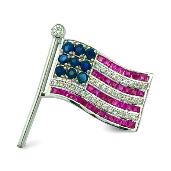 The Presidential  American Flag Diamond, Ruby, Sapphire Lapel Brooch 14K White Gold 15278